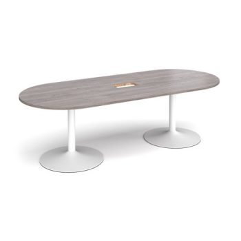 Trumpet base radial end boardroom table 2400mm x 1000mm with central cutout 272mm x 132mm - white base Grey Oak Top - TB24-CO-WH-GO