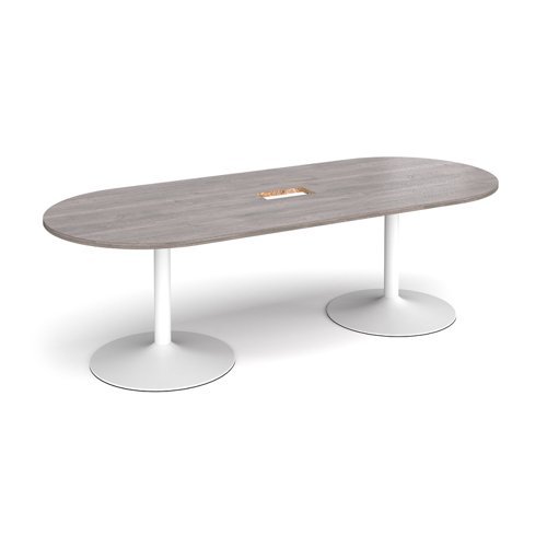 Trumpet base radial end boardroom table 2400mm x 1000mm with central cutout 272mm x 132mm - white base Grey Oak Top - TB24-CO-WH-GO
