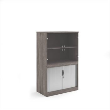 Systems combination unit with tambour doors and glass upper doors 1600mm high with 2 shelves - Grey Oak - TG16GO