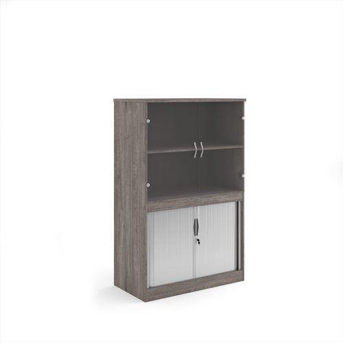 Systems combination unit with tambour doors and glass upper doors 1600mm high with 2 shelves - Grey Oak - TG16GO