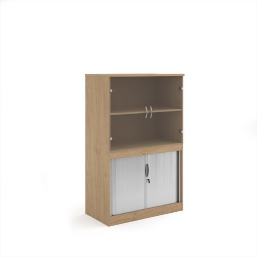 Systems combination unit with tambour doors and glass upper doors 1600mm high with 2 shelves - Kendal Oak - TG16KO
