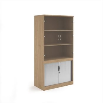 Systems combination unit with tambour doors and glass upper doors 2000mm high with 2 shelves - Kendal Oak - TG20KO