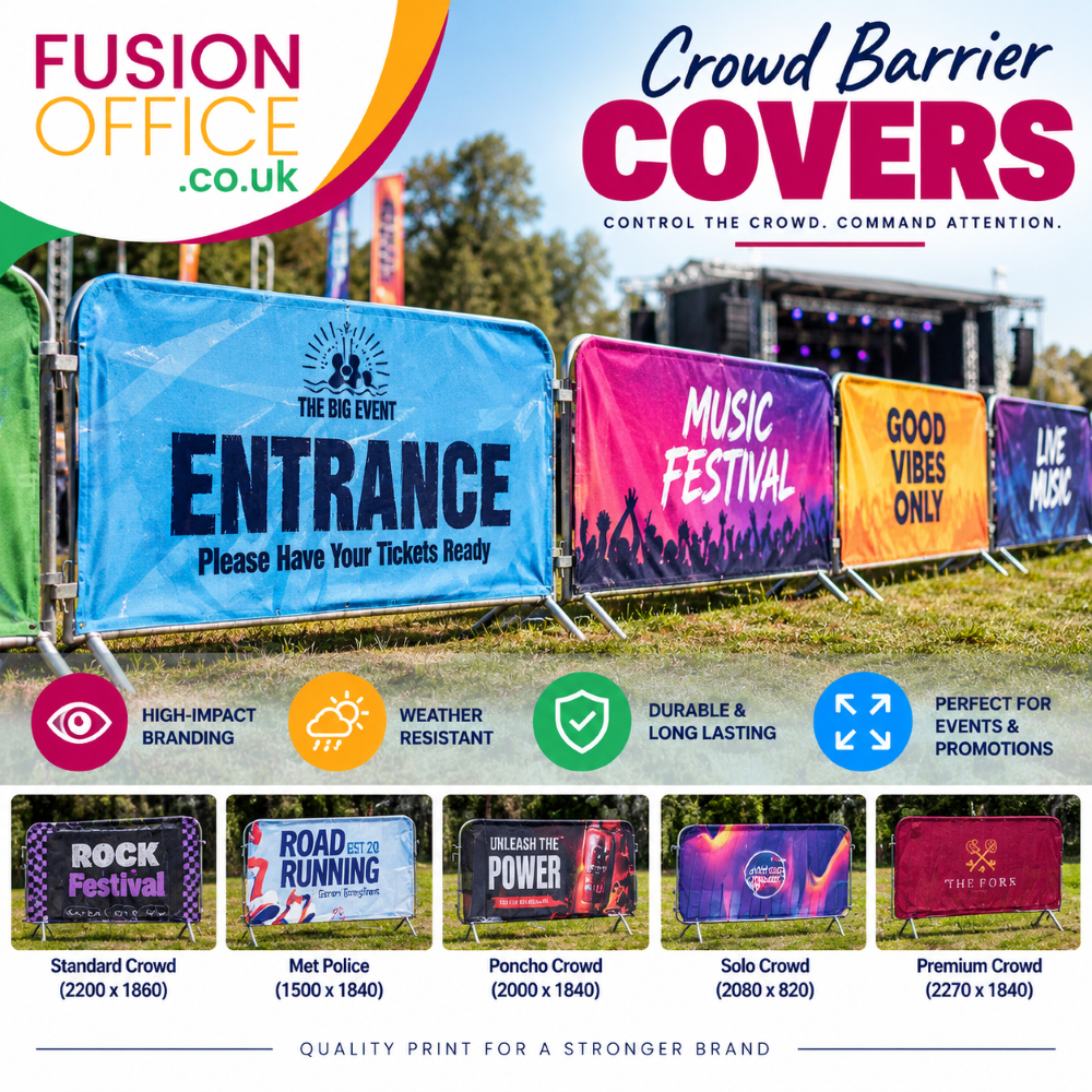 Printed Crowd Barrier Covers - Fusion Office Ltd - Andover - Hampshire - UK