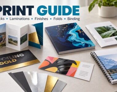 Fusion Office print guide showing printed products, paper stocks, finishing, folding and binding options.