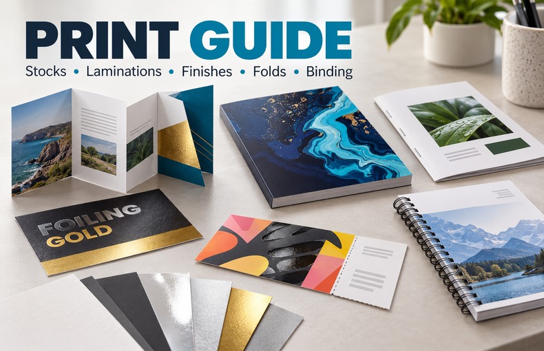 Fusion Office print guide showing printed products, paper stocks, finishing, folding and binding options.