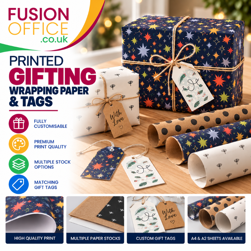 Printed gift wrapping paper and tags from Fusion Office Ltd